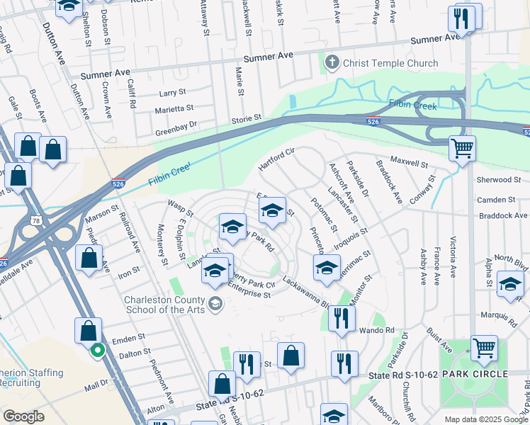 map of restaurants, bars, coffee shops, grocery stores, and more near 5197 Celtic Drive in North Charleston