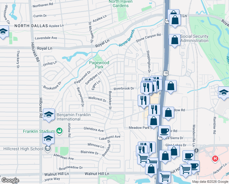 map of restaurants, bars, coffee shops, grocery stores, and more near 7502 Woodthrush Drive in Dallas