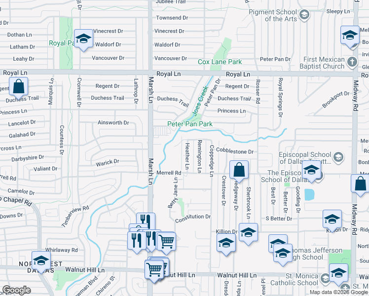 map of restaurants, bars, coffee shops, grocery stores, and more near 3701 Cobblestone Circle in Dallas