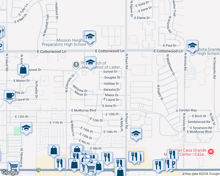 map of restaurants, bars, coffee shops, grocery stores, and more near 1461 Natasha Drive in Casa Grande