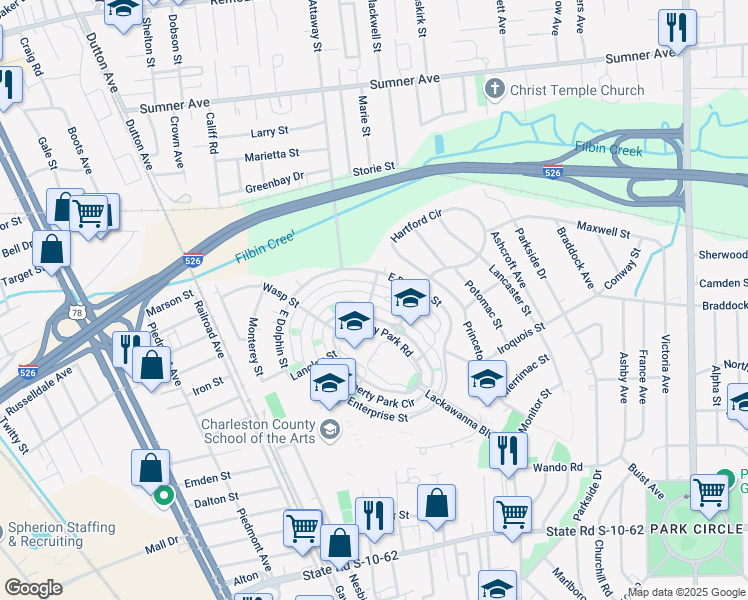 map of restaurants, bars, coffee shops, grocery stores, and more near 5168 Celtic Drive in North Charleston