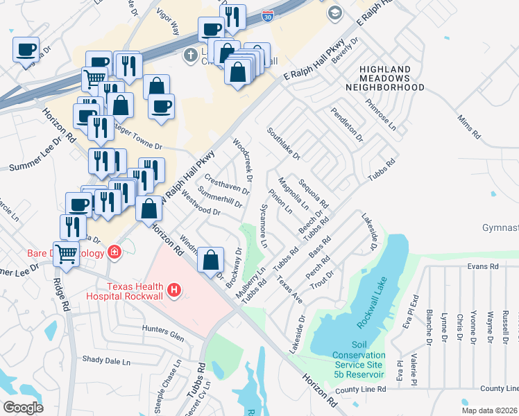 map of restaurants, bars, coffee shops, grocery stores, and more near 102 Woodcreek Drive in Rockwall