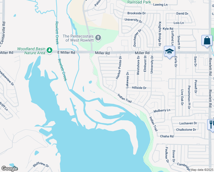 map of restaurants, bars, coffee shops, grocery stores, and more near 1606 Indian Trail in Rowlett