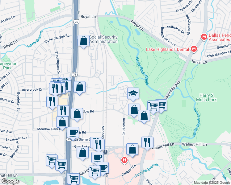 map of restaurants, bars, coffee shops, grocery stores, and more near 8213 Meadow Road in Dallas