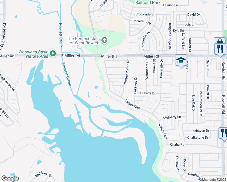 map of restaurants, bars, coffee shops, grocery stores, and more near 1606 Indian Trail in Rowlett
