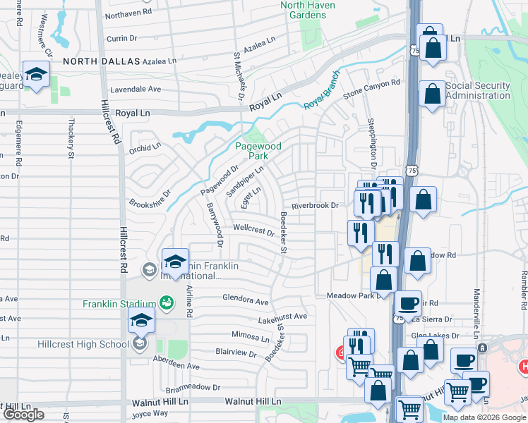 map of restaurants, bars, coffee shops, grocery stores, and more near 7407 Wellcrest Drive in Dallas