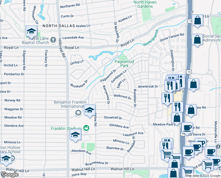 map of restaurants, bars, coffee shops, grocery stores, and more near 7319 Wellcrest Drive in Dallas