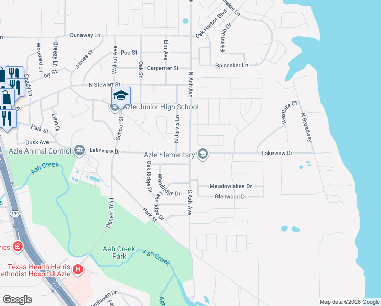 map of restaurants, bars, coffee shops, grocery stores, and more near 100 North Ash Avenue in Azle