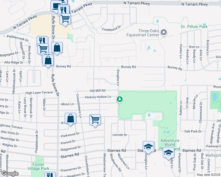 map of restaurants, bars, coffee shops, grocery stores, and more near 6881 Hickory Hollow Lane in North Richland Hills