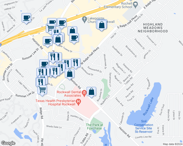 map of restaurants, bars, coffee shops, grocery stores, and more near 160 Westwood Drive in Rockwall