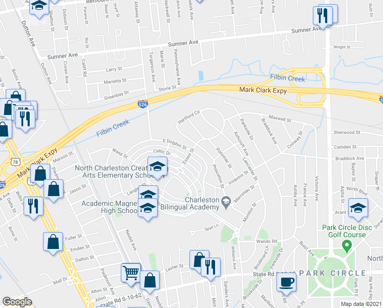 map of restaurants, bars, coffee shops, grocery stores, and more near 5284 East Dolphin Street in North Charleston
