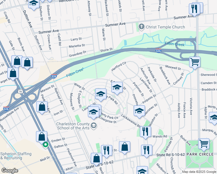 map of restaurants, bars, coffee shops, grocery stores, and more near 5185 Celtic Drive in North Charleston