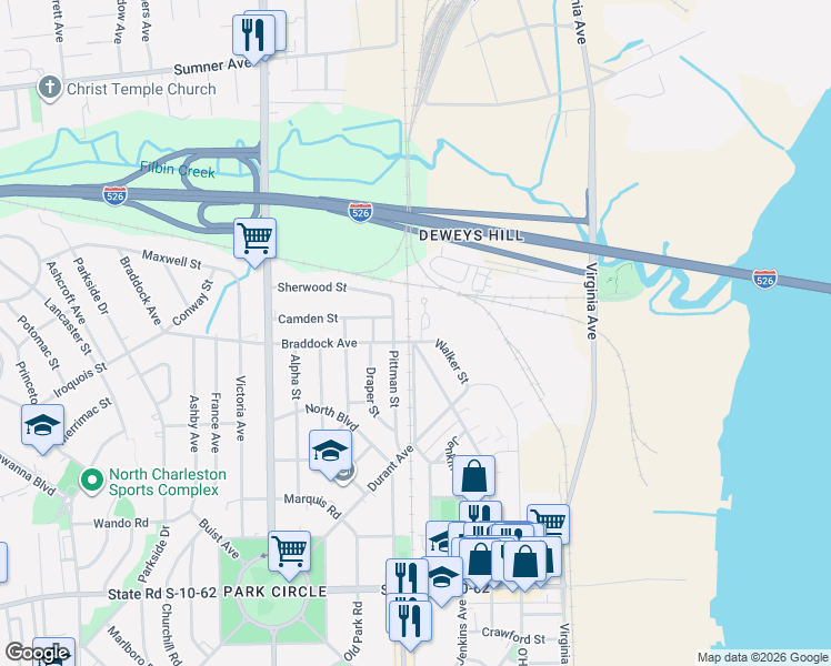 map of restaurants, bars, coffee shops, grocery stores, and more near 5124 Pittman Street in North Charleston