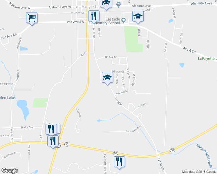 map of restaurants, bars, coffee shops, grocery stores, and more near 621 1st Street Southeast in La Fayette
