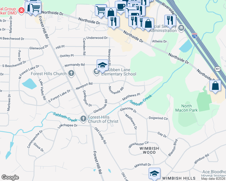map of restaurants, bars, coffee shops, grocery stores, and more near 1035 Newport Road in Macon