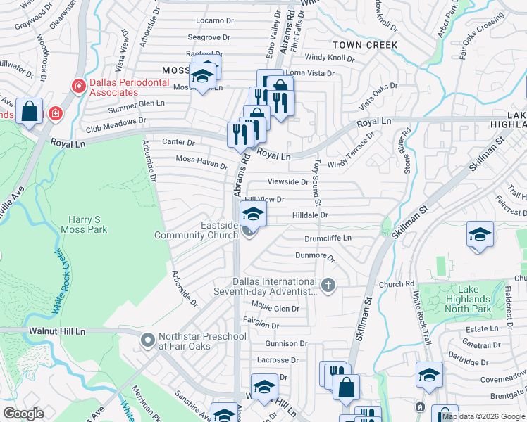 map of restaurants, bars, coffee shops, grocery stores, and more near 9431 Hill View Drive in Dallas