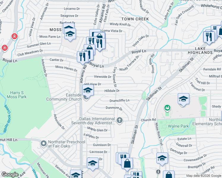 map of restaurants, bars, coffee shops, grocery stores, and more near 9515 Hill View Drive in Dallas