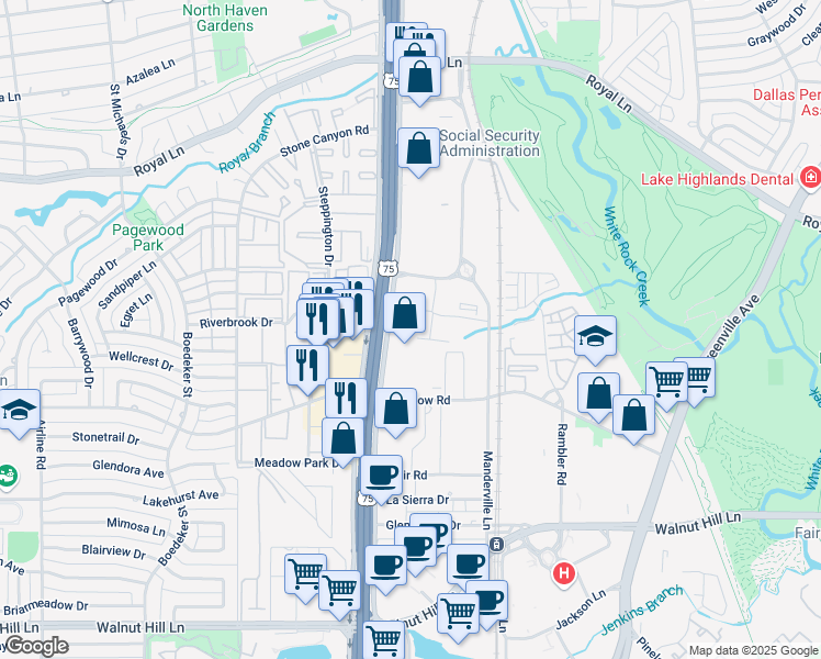 map of restaurants, bars, coffee shops, grocery stores, and more near 10550 North Central Expressway in Dallas