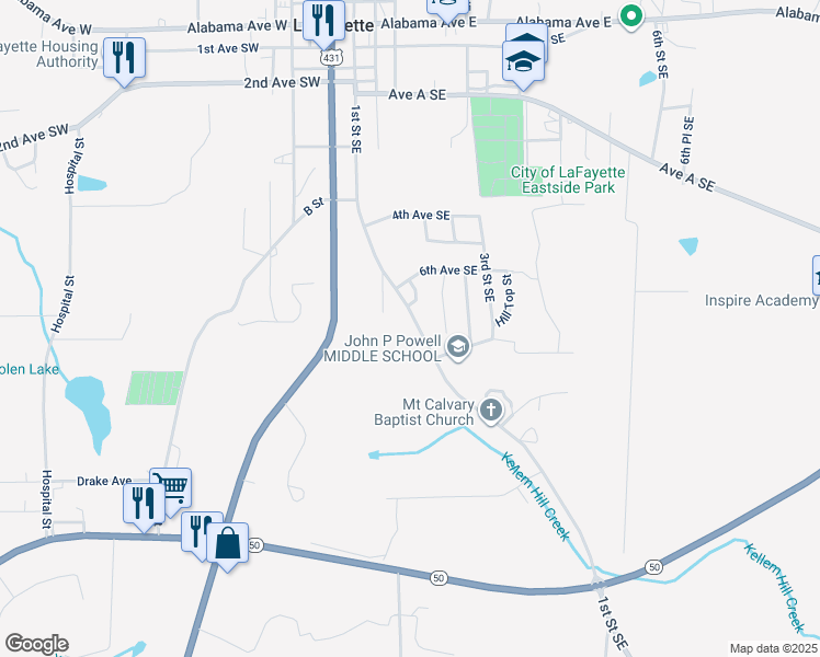 map of restaurants, bars, coffee shops, grocery stores, and more near 621 1st Street Southeast in La Fayette
