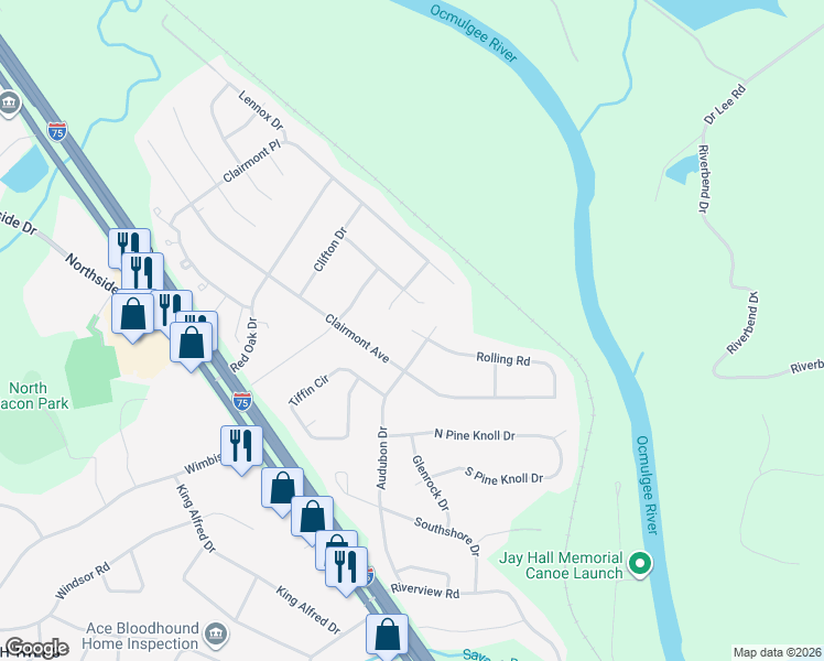 map of restaurants, bars, coffee shops, grocery stores, and more near 3098 Rolling Road in Macon