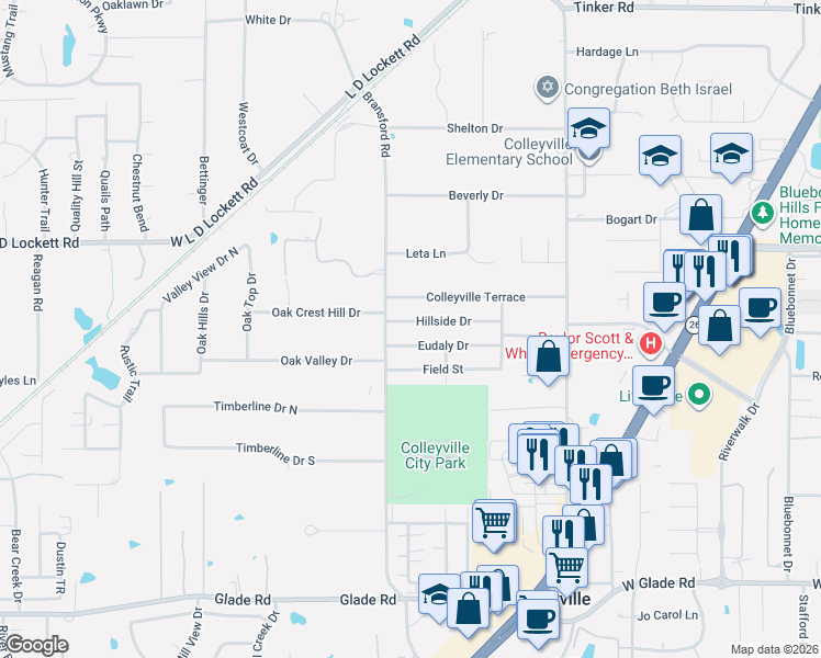 map of restaurants, bars, coffee shops, grocery stores, and more near 504 Hillside Drive in Colleyville