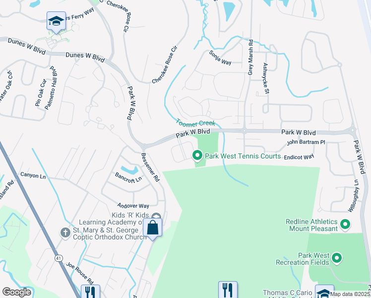 map of restaurants, bars, coffee shops, grocery stores, and more near 3532 Bagley Drive in Mount Pleasant