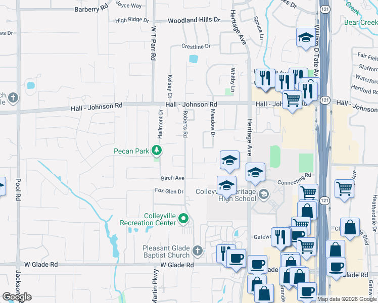 map of restaurants, bars, coffee shops, grocery stores, and more near 4145 Roberts Road in Grapevine
