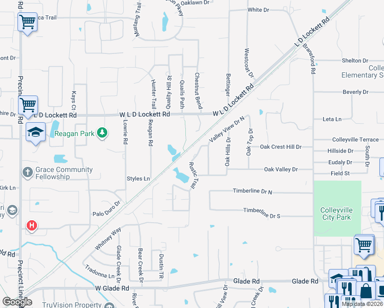 map of restaurants, bars, coffee shops, grocery stores, and more near 5517 Rustic Trail in Colleyville