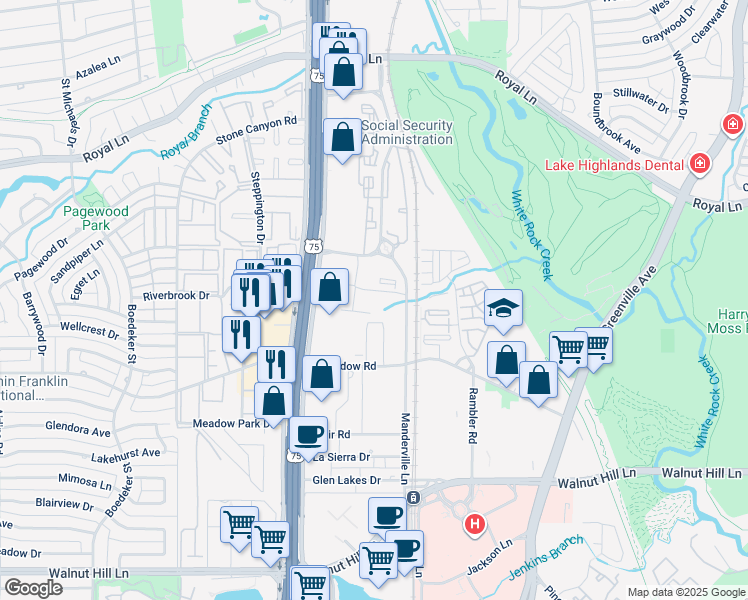 map of restaurants, bars, coffee shops, grocery stores, and more near 8107 Manderville Lane in Dallas
