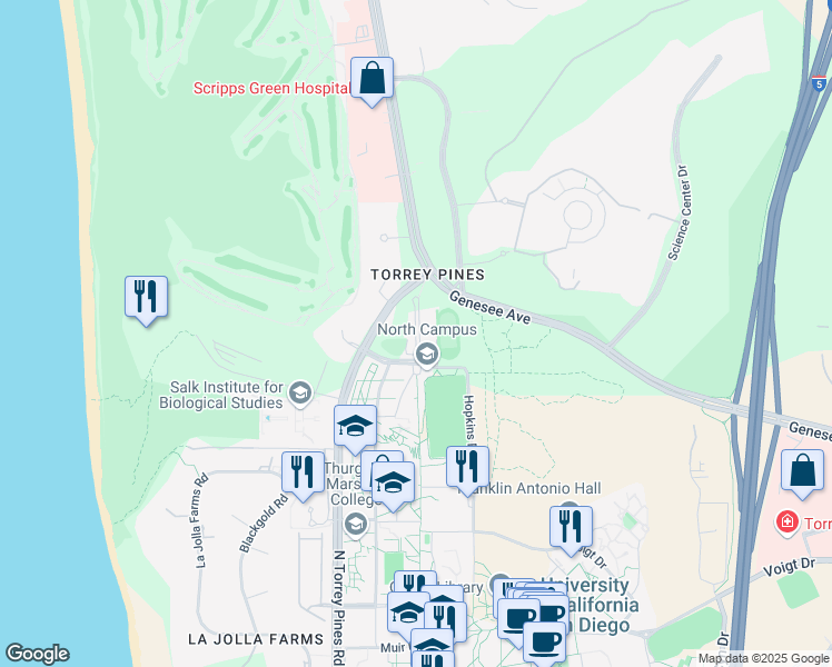 map of restaurants, bars, coffee shops, grocery stores, and more near 9350 Campus Point Drive in San Diego
