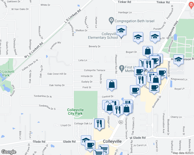 map of restaurants, bars, coffee shops, grocery stores, and more near 701 Hillside Drive in Colleyville