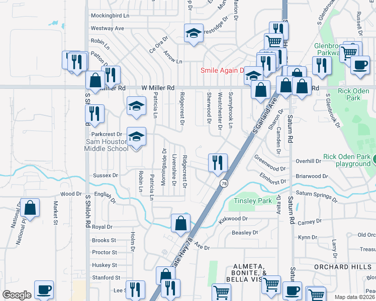 map of restaurants, bars, coffee shops, grocery stores, and more near 2402 Ridgecrest Drive in Garland