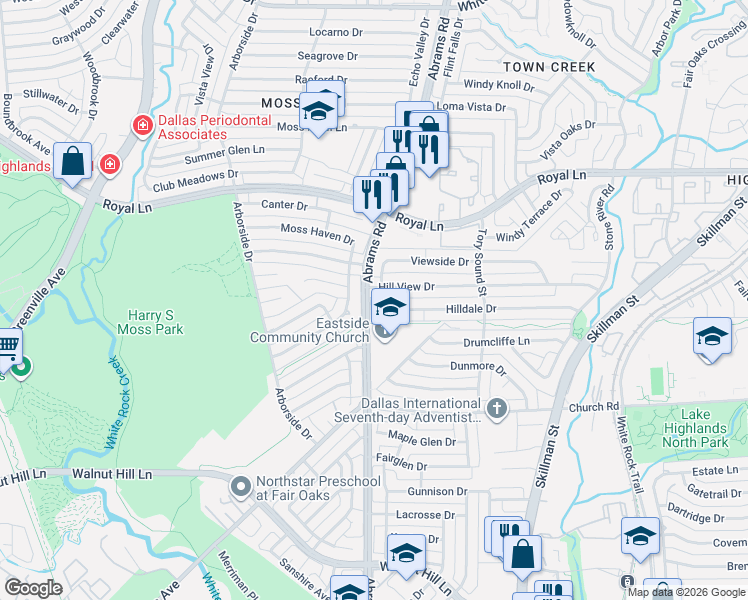 map of restaurants, bars, coffee shops, grocery stores, and more near 9401 Viewside Drive in Dallas