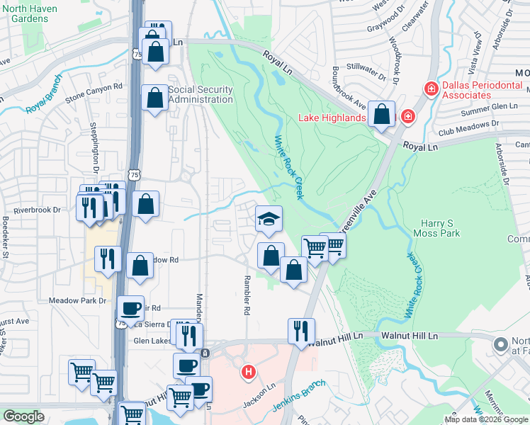 map of restaurants, bars, coffee shops, grocery stores, and more near 8278 Nunley Lane in Dallas