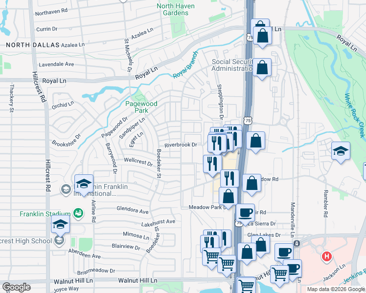 map of restaurants, bars, coffee shops, grocery stores, and more near 7618 Pebblestone Drive in Dallas