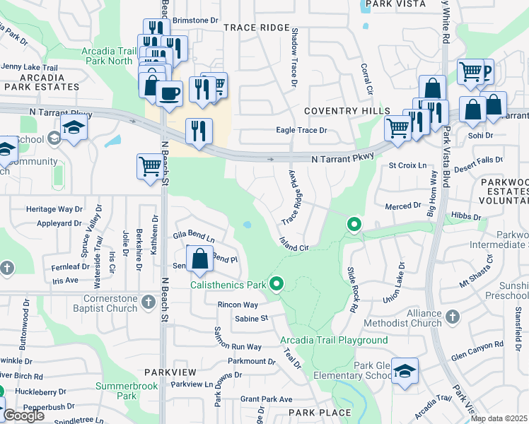 map of restaurants, bars, coffee shops, grocery stores, and more near 8341 Island Circle in Fort Worth