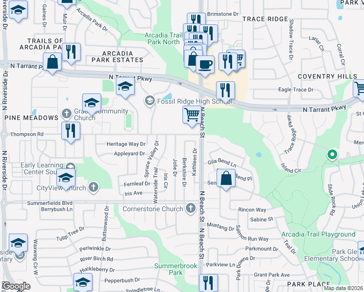 map of restaurants, bars, coffee shops, grocery stores, and more near 4421 Berkshire Drive East in Fort Worth