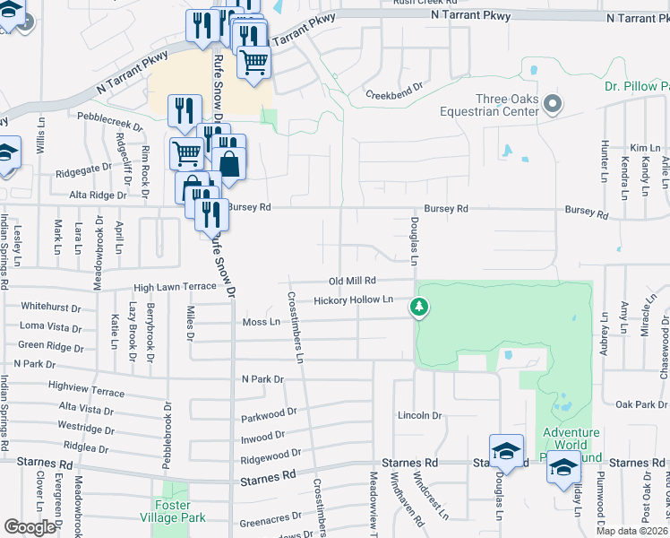 map of restaurants, bars, coffee shops, grocery stores, and more near 7713 Western Oaks Drive in North Richland Hills