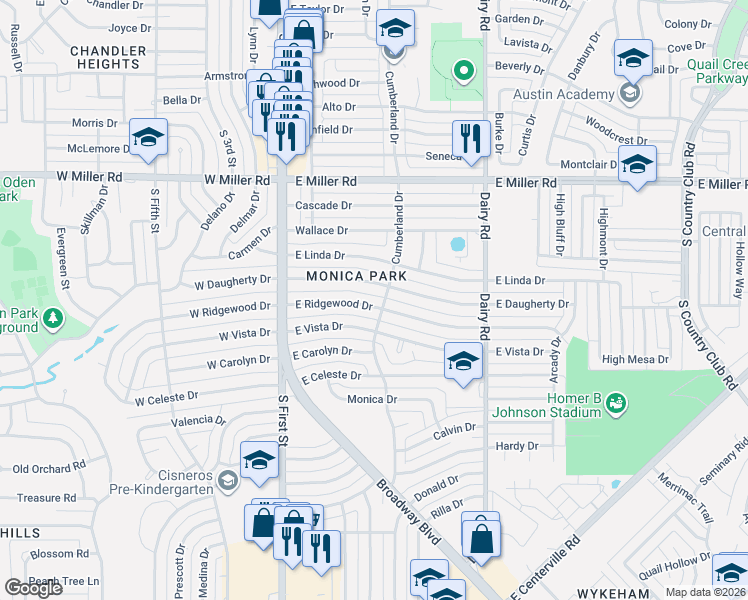 map of restaurants, bars, coffee shops, grocery stores, and more near 409 East Ridgewood Drive in Garland