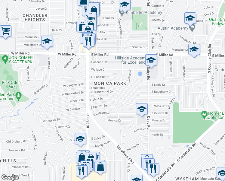 map of restaurants, bars, coffee shops, grocery stores, and more near 317 East Ridgewood Drive in Garland