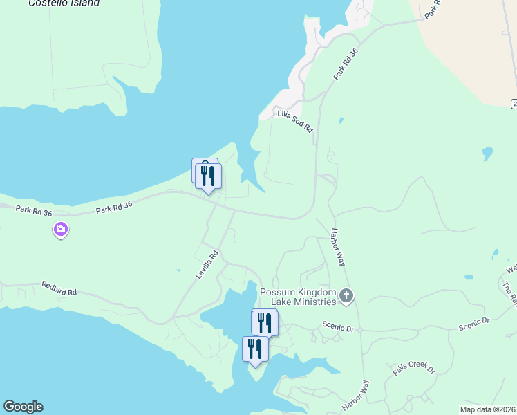 map of restaurants, bars, coffee shops, grocery stores, and more near 1677 Park Road 36 in Graford