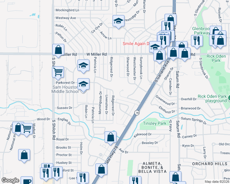 map of restaurants, bars, coffee shops, grocery stores, and more near 2402 Ridgecrest Drive in Garland