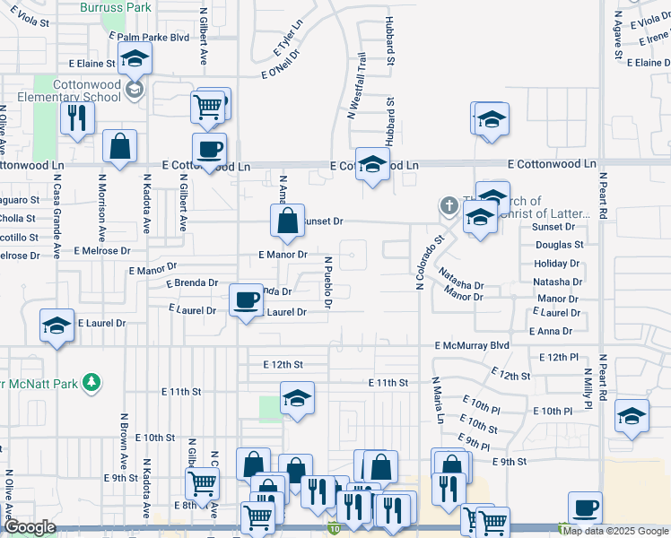 map of restaurants, bars, coffee shops, grocery stores, and more near 1207 East Clearview Drive in Casa Grande
