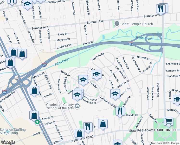 map of restaurants, bars, coffee shops, grocery stores, and more near 5265 East Dolphin Street in North Charleston
