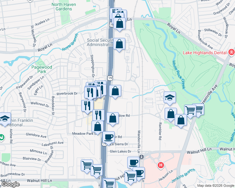 map of restaurants, bars, coffee shops, grocery stores, and more near 10550 North Central Expressway in Dallas