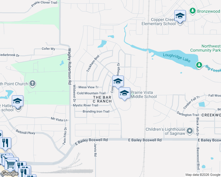 map of restaurants, bars, coffee shops, grocery stores, and more near 8205 Misty Water Drive in Fort Worth