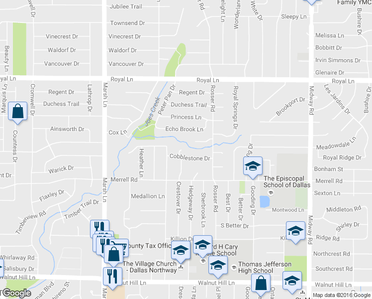 map of restaurants, bars, coffee shops, grocery stores, and more near 10516 Crestover Dr in Dallas