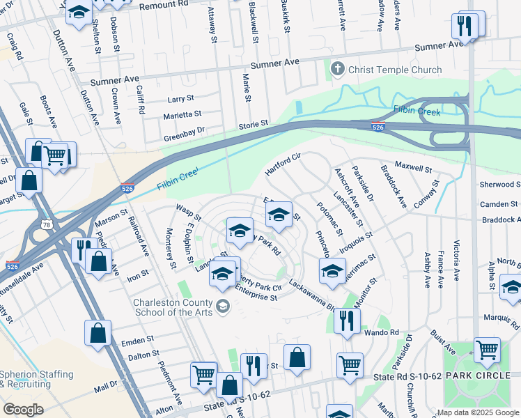 map of restaurants, bars, coffee shops, grocery stores, and more near 5265 East Dolphin Street in North Charleston