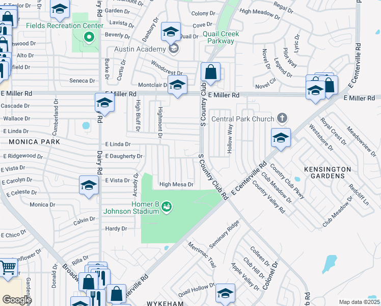 map of restaurants, bars, coffee shops, grocery stores, and more near 2351 South Country Club Road in Garland