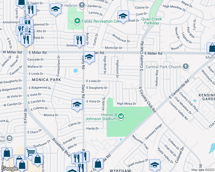 map of restaurants, bars, coffee shops, grocery stores, and more near 2302 Arcady Drive in Garland